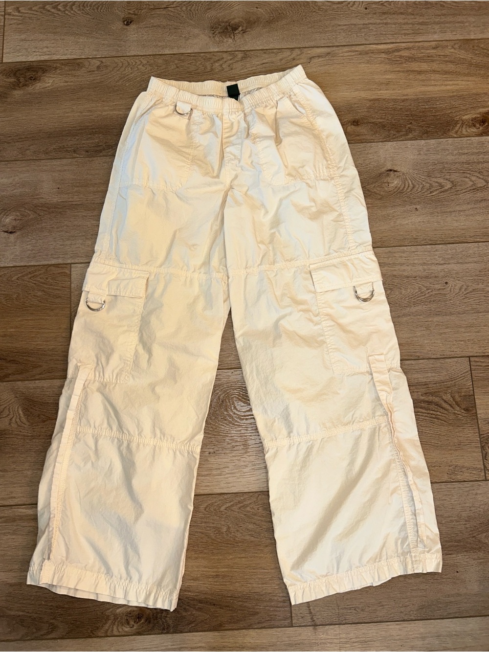 Cream Cargo Pull-On Pants wide leg parachute material Y2K
